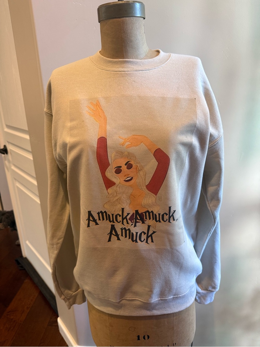 Graphic Crewneck Sweatshirt — Cream with Red Sleeve Graphic - Halloween